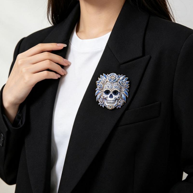 Flowers Sugar Skull Brooches For Women Unisex 2-Color Rhinestone Lovely Skeleton Face Party Casual Brooch Pins Gifts