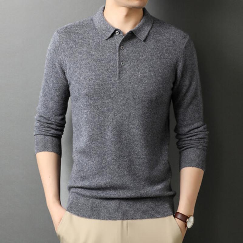 Pure Wool Autumn Sweater Men's Lapel Long Sleeve Thin Cashmere Sweater Men's Trend Base