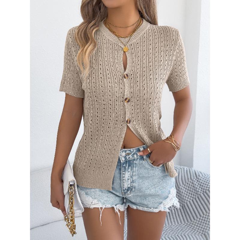 Spring and Summer Solid Color Open-Weave Buttoned Short-Sleeved Knit Top for Women