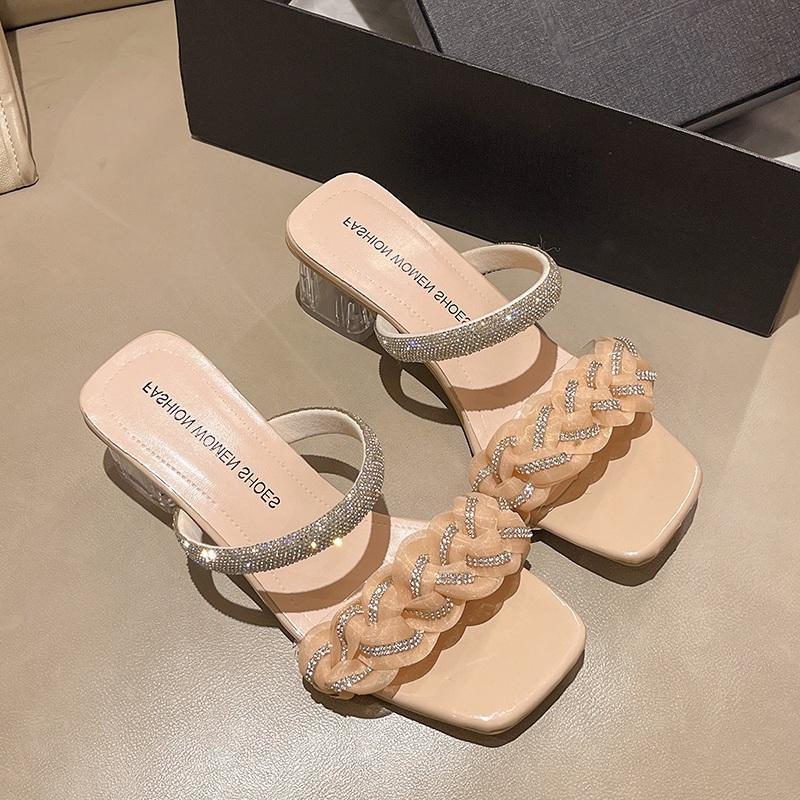 

Туфли-шлепанцы на высоком каблуке в сказочном стиле женская уличная обувь 2025 лето новинка французские хрустальные на толстом каблуке с открытым носком сандалии со стразами 40 абрикосовый