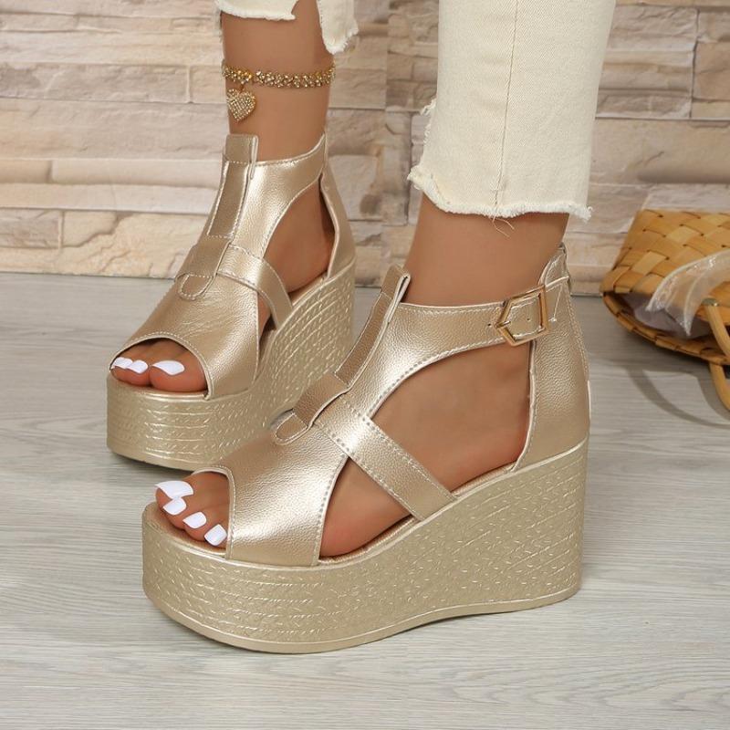 Plus-size platform high-heeled sandals for women, new summer style, wedge heel, peep toe, back zipper Roman sandals