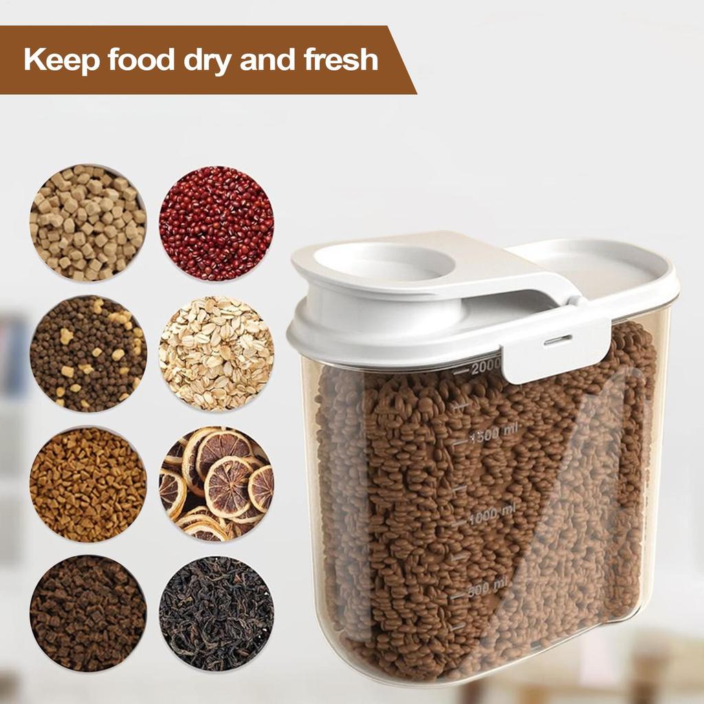 Food Container Waterproof 2L Pet Food Storage Container with Measuring Buckles Plastic Food Dispenser Transparent Storage Tank