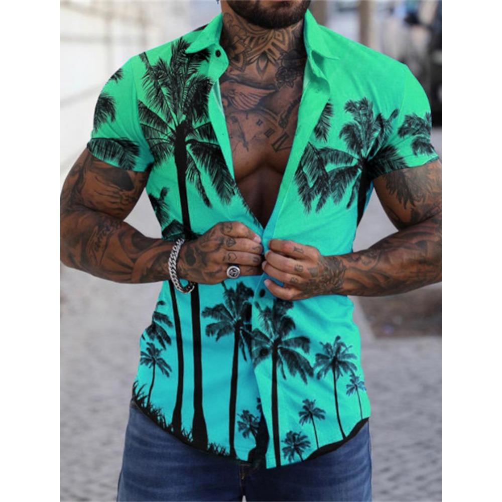 Men's Hawaiian Shirts Graphic Aloha Tree Turndown Sea 3D Print Street Daily Short Sleeve Button Clothing Palm Trees Beach