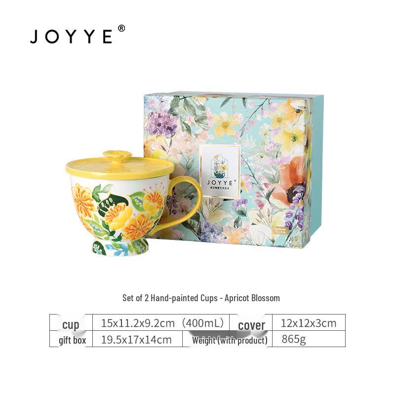JOYYE Apricot Blossom Hand-Painted Ceramic Mug with Lid