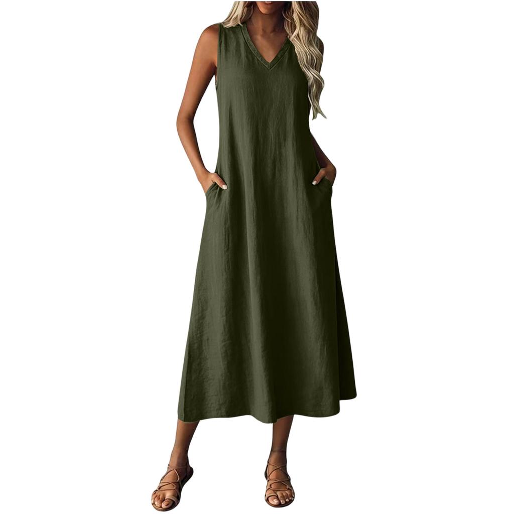 Women Sleeveless Casual V Neck Midi Dress with Zipper and Pockets Relaxed Fit Solid Color Tank Dress