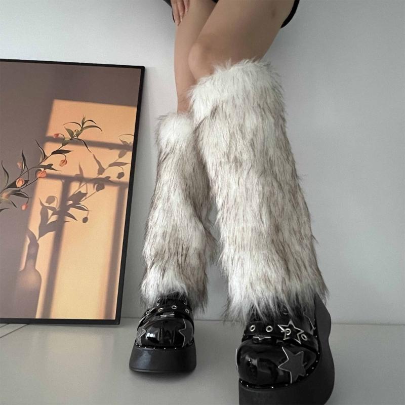 Fuzzy Faux Furs Leg Warmers Furs Heels Long Boots Cuffs Cover Has Elastic One Pair Carnivals Boot Cover Y2K JK Uniform