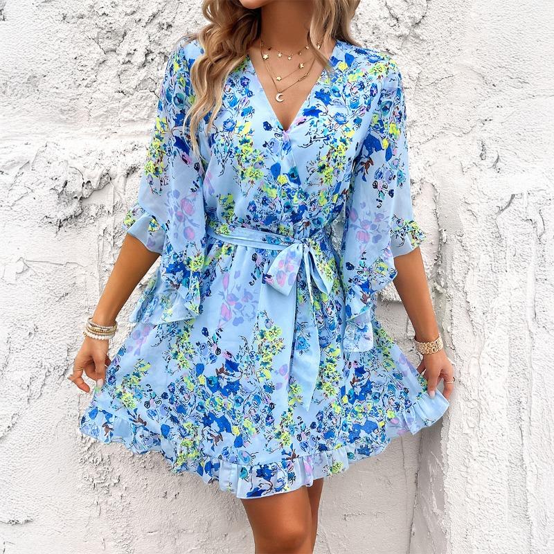 Vacation Casual Printed Lace Up Chiffon Dress