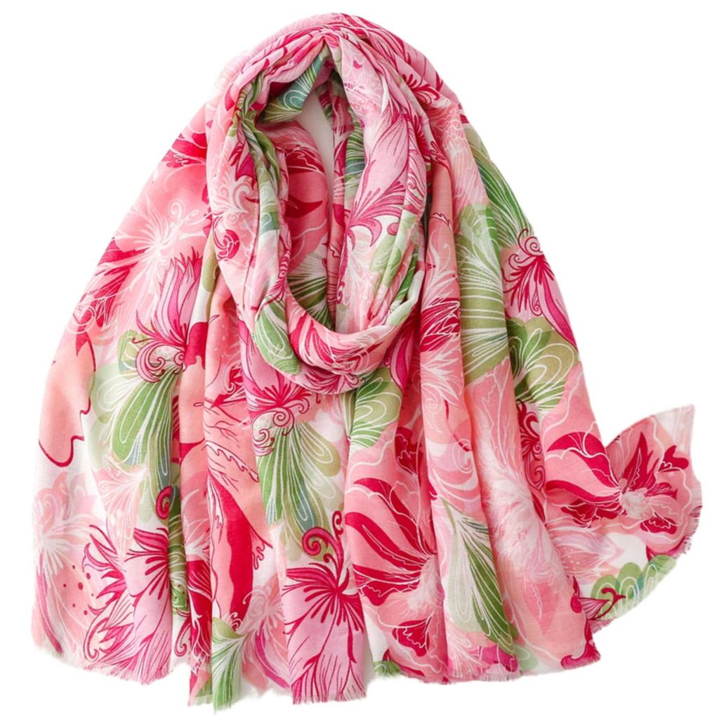 Pink and Green Floral Shawl - 100% Viscose, 180X90