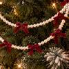 Christmas Window Display Velvet Bow Faux Pearl Garland, 2 Layers Beads Seasonal Home Accents Hanging String Strand for Tree, Wreath, Fireplace,