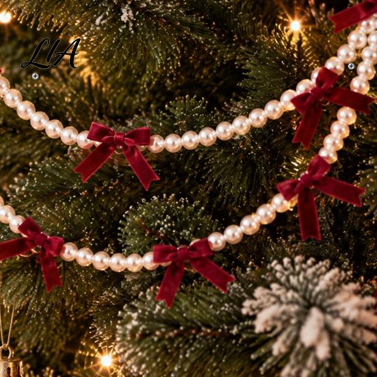 Christmas Window Display Velvet Bow Faux Pearl Garland, 2 Layers Beads Seasonal Home Accents Hanging String Strand for Tree, Wreath, Fireplace,