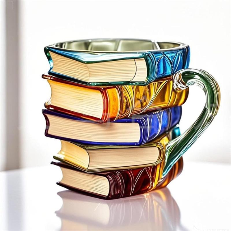 Colorful Book Cup with Novel 3D Printed Stacked Books Coffee Mug Resin Stainless Steel Cup