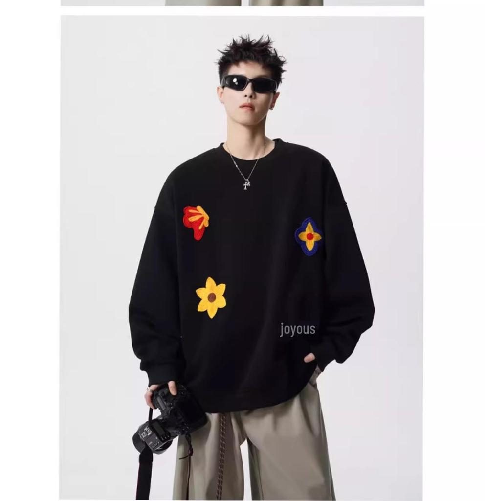 Unisex Floral Embroidered Sweatshirt - Spring & Autumn Trendy Round Neck Casual Base Layer