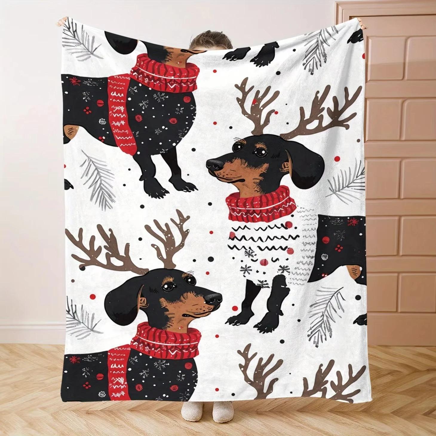 

Christmas Dachshund Delight Blanket - Festive Reindeer-Dog Design | Soft Comfortable New Year Home Decor & Gift 70x100cm білий