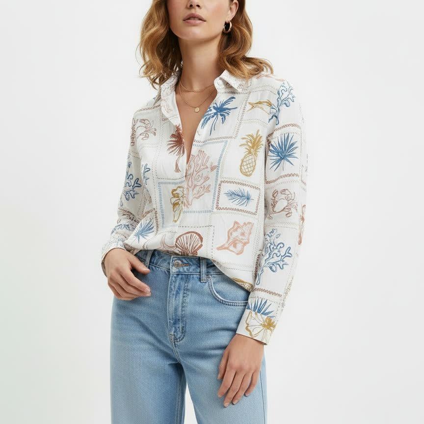 2026 Women s Retro Full Print Long-Sleeve Shirt - Spring/Autumn Casual Artistic Style M