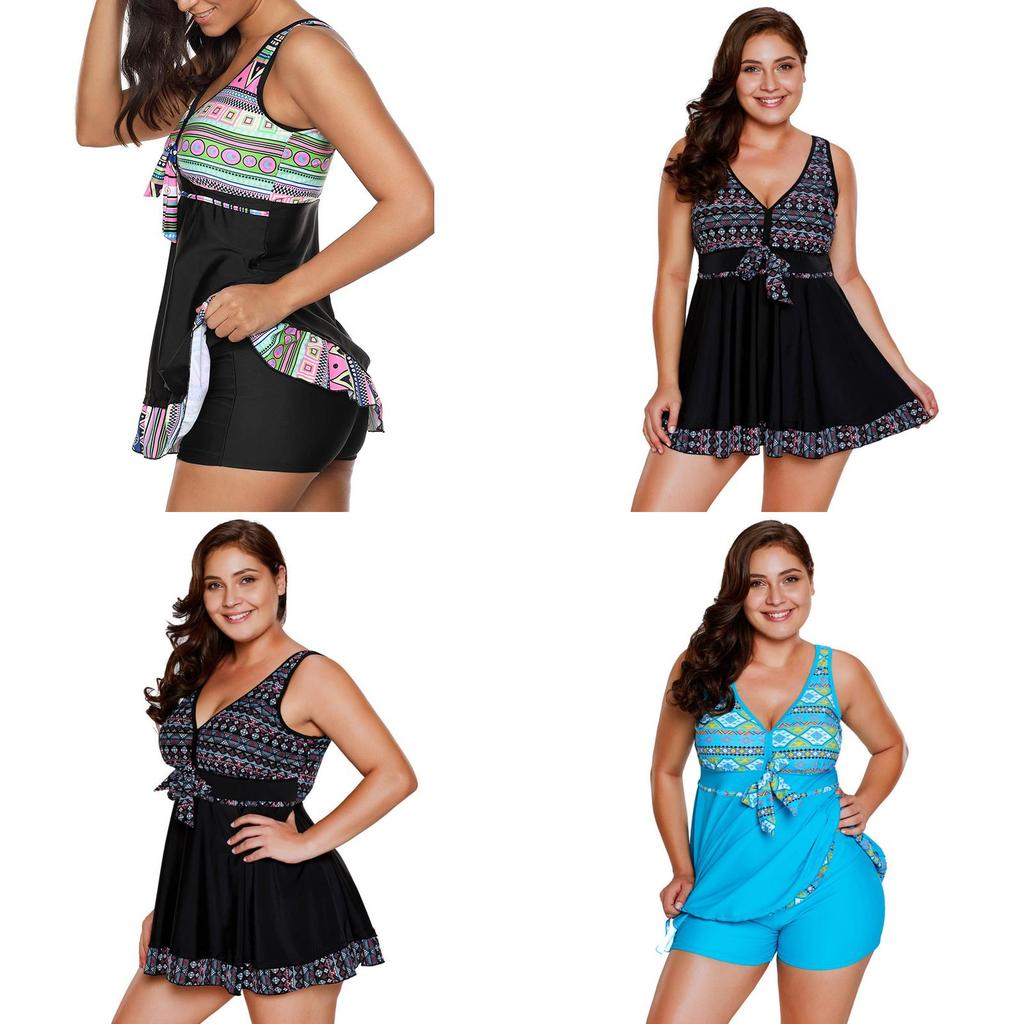 Elegant Womens Fashion Plus Size V Neck Skirted Print Front Tankini Swimsuit