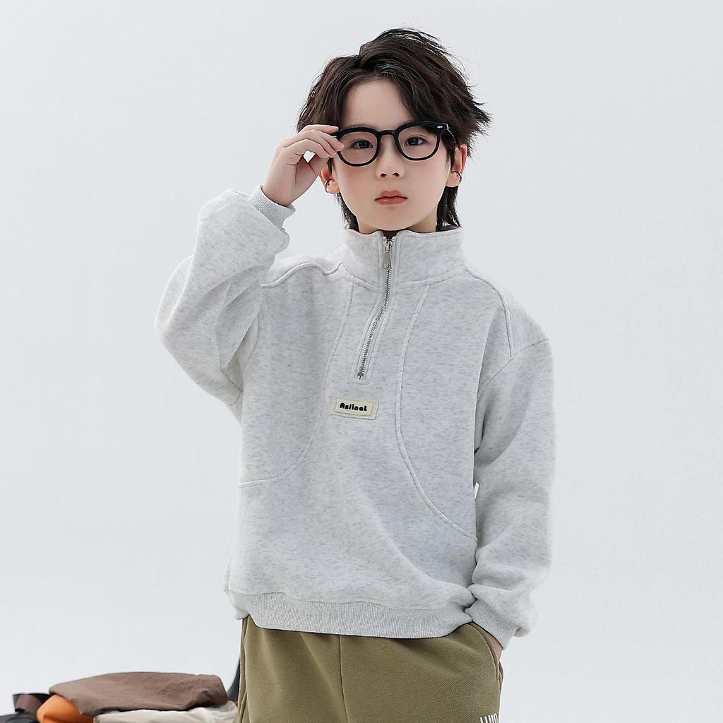 Boys' Fleece-Lined Half-Zip Sweatshirt: Trendy, Warm, Long-Sleeved Top for Autumn/Winter 2025
