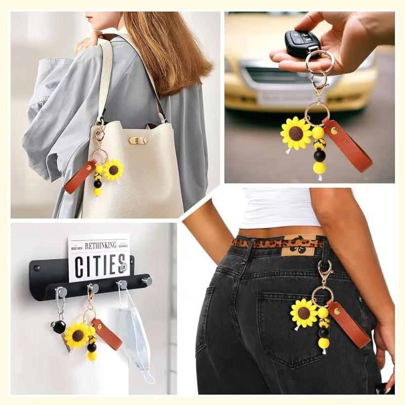 1Pcs Sunflower PU Leather Keychain Personalized Silicone Beads Bag Charm Unique Gift for Mother's Day