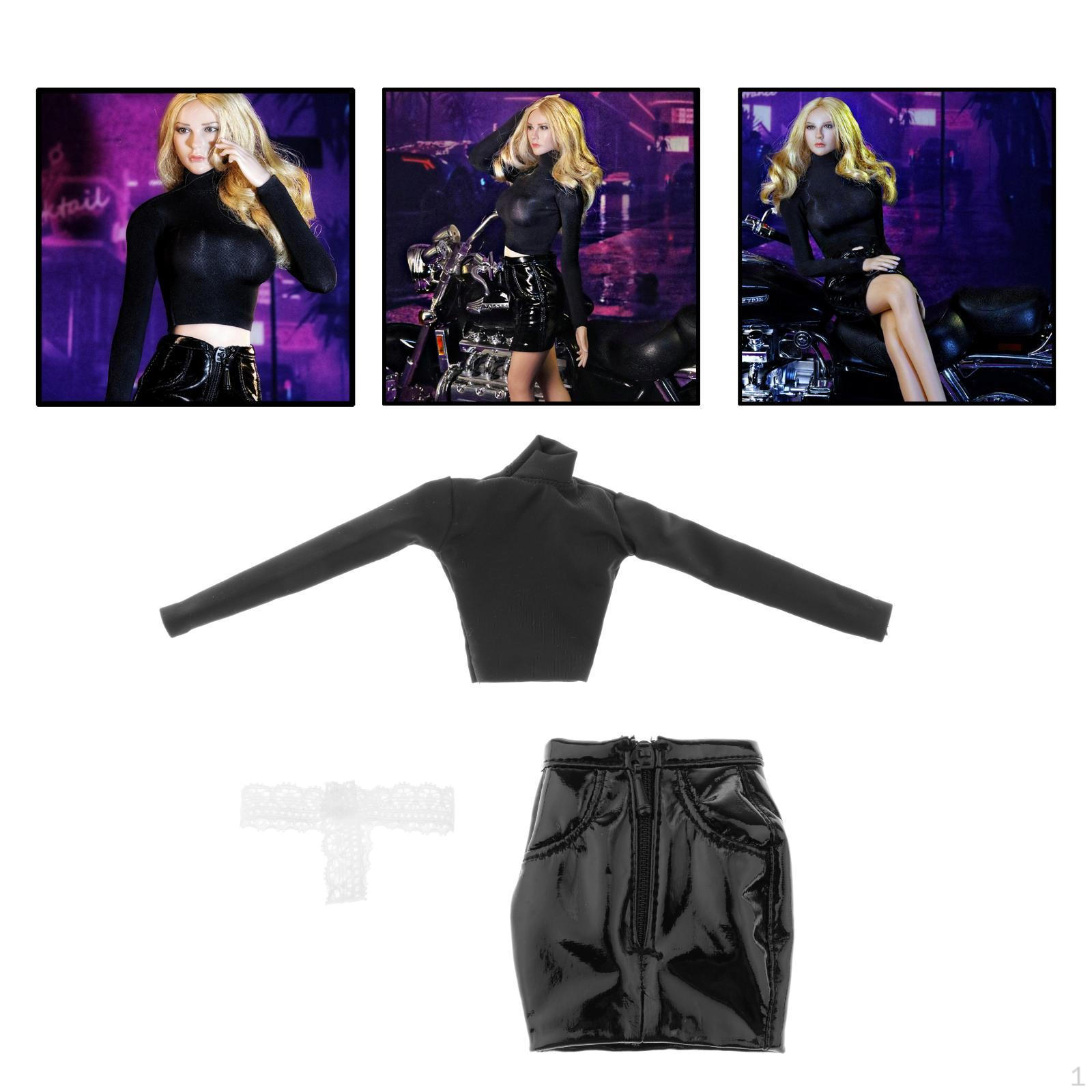 

1/6 Female Clothes Set Clothing Wear Long-sleeved Shirt and Leather Skirt Suit Accessory for 12 Black