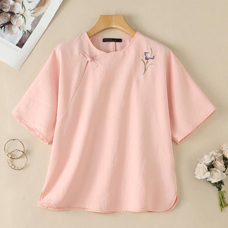 ZANZEA Women Casual Round Neck Floral Embroidery Loose Short Sleeve Blouse S