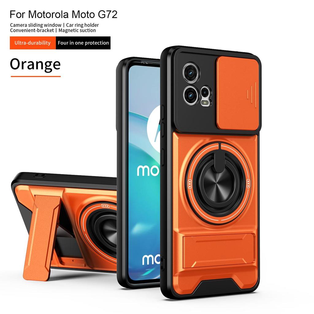 Slide Camera Cover Compatible for Motorola Moto G72 Case With Built-in Ring Stand and Folding Stand