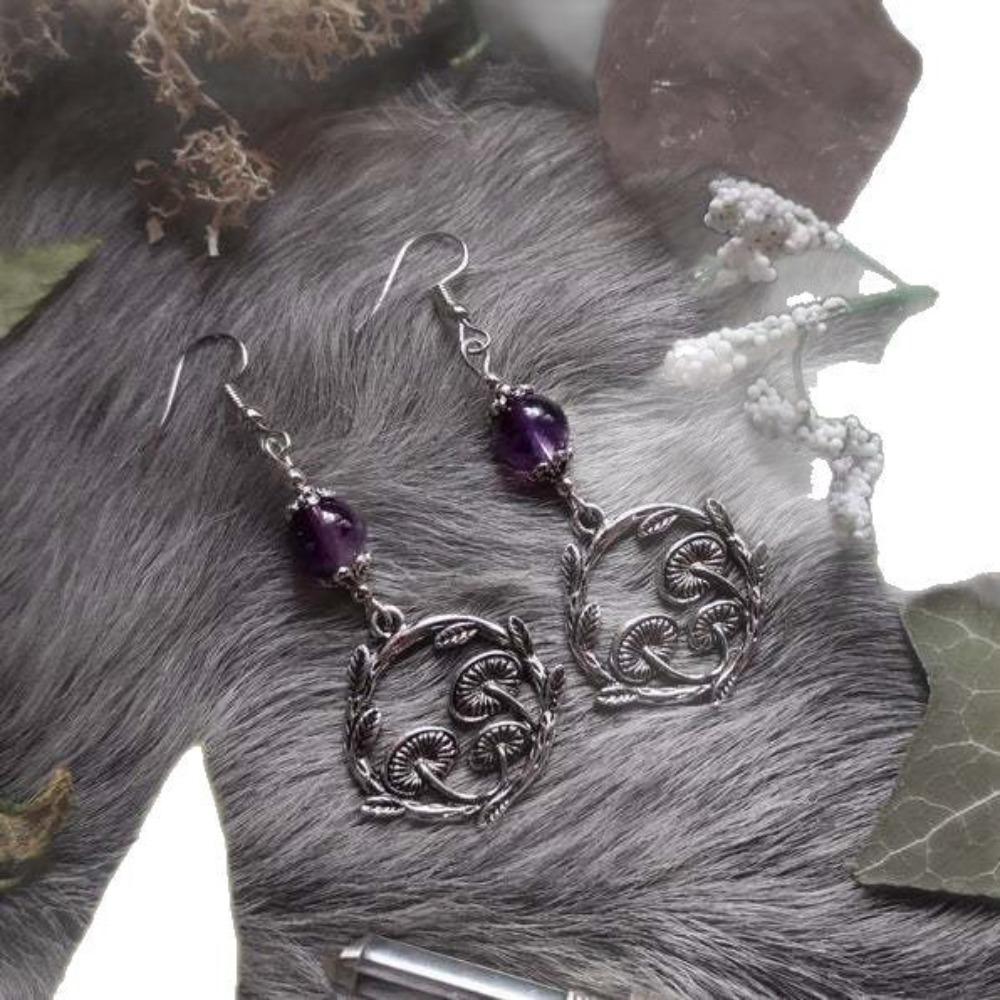 Gothic Retro Sliver Color Amethyst Bead Mushroom Vine Geometry Large Circle Pendant Dangle Earrings for Women Heathen Jewelry
