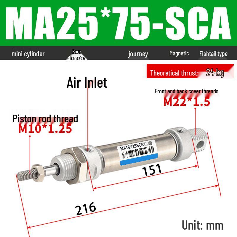 Mini Stainless Steel Pneumatic Cylinder MA Series (16-40mm Bore, 50-200mm Stroke)