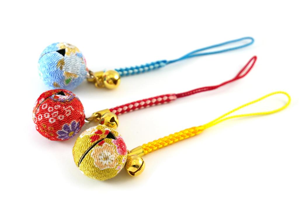 [Zune] Blume Chirimen Glocke (20 mm Durchmesser, 8 mm Durchmesser) Japanischer Chirimen Netsuke Anhänger Schlüsselanhänger Mittlere Glocke (3er Set (Weißes Indigo, Senf,