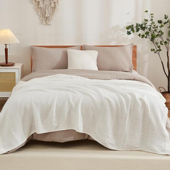 Muslinkos Sommer Sofateppe Pustende Ensfarvet Muslinklede Koseteppe for Seng Sofa Reise Feriebruk