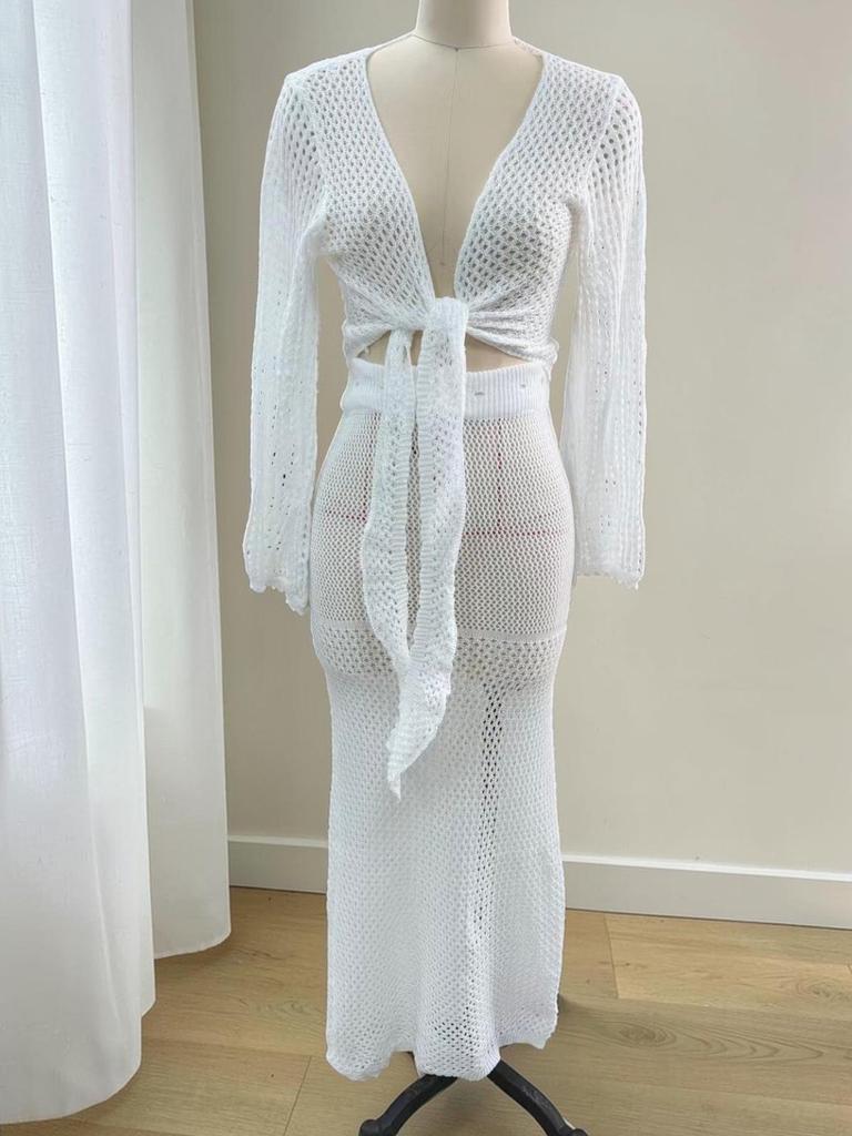 2026 Women's Beach Resort Knit Long Sleeve Top & Skirt Set - European American Style