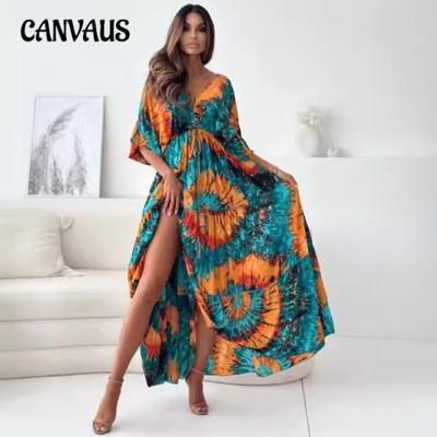 Plus Size Women's New Seven Point Sleeve Sexy Deep V Print Split Dress