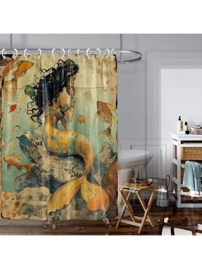 1Pc Mermaid Print Waterproof Shower Bathe Partition Curtain Multiple Sizes Protect Privacy With 12 Hooks Easy Installation