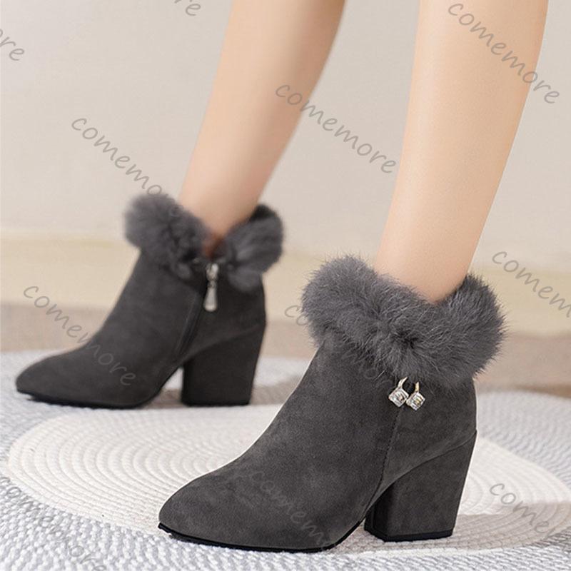 Fashion Comemore New Padded Ankle Boots Pointed Head Rhinestone Cotton Women's Shoes Casual Chunky High Heels Female Fur Short Botines