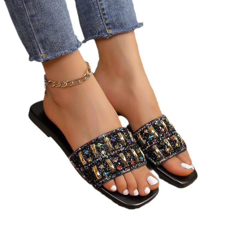 Flat Slippers Outer Wear Women's New Fashion Rhinestone Versatile Square Head Large Size