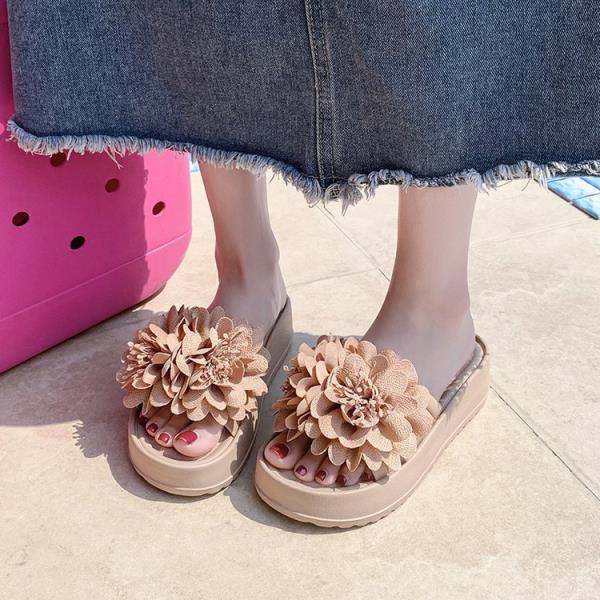 Fashion Flower Slippers Women Summer Platform Shoes Shale Female Beach Low Slides Pantofle Sabot 2025 Fabric Rome Hoof Heels Scandals Ru