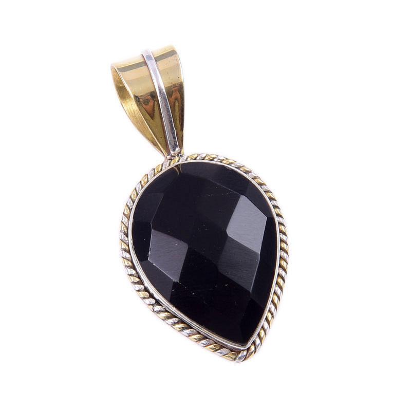 Natural Black Onyx Gemstone 925 Solid Sterling Silver TwoTone Pendant 1.25" j8m63