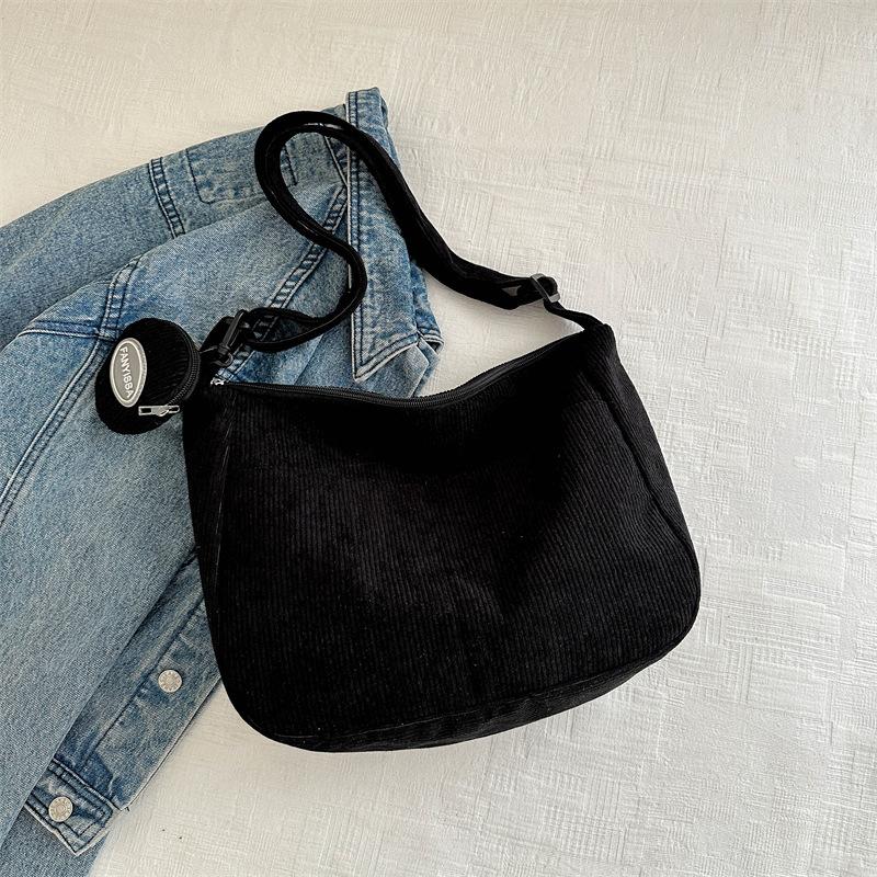 Large Capacity College Girls Simple Book Shoulder Bag Soft Corduroy Female Crossbody Bags Solid Colour Ladies Tote Purse Handbag