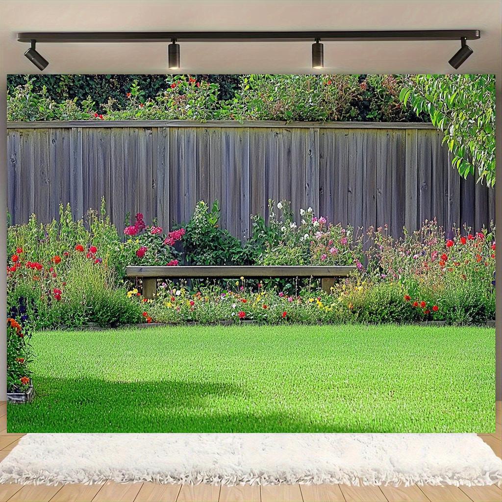 1pc Green Grass and Bushes Garden Scene Photography Backdrop Fabric for Bridal Shower, Wedding, Birthday and Party