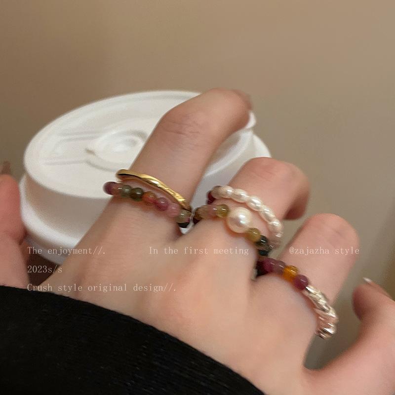 Tourmaline Pearl Natural Stone Ring for Women, Light Luxury Layered Wear, Niche Design, Index Finger Ring, High-End Beaded Accessory Ring