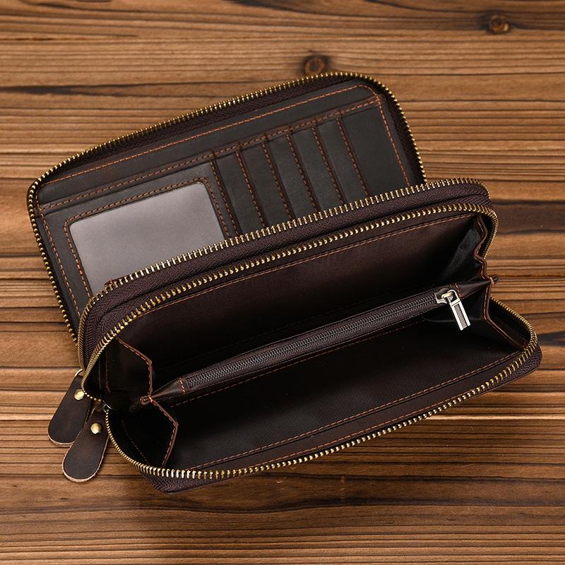 Brand Designer Retro Real Leather Wallet Male Business Casual With Double Zipper Cow Skin Crazy Horse Wallet With Wristlet