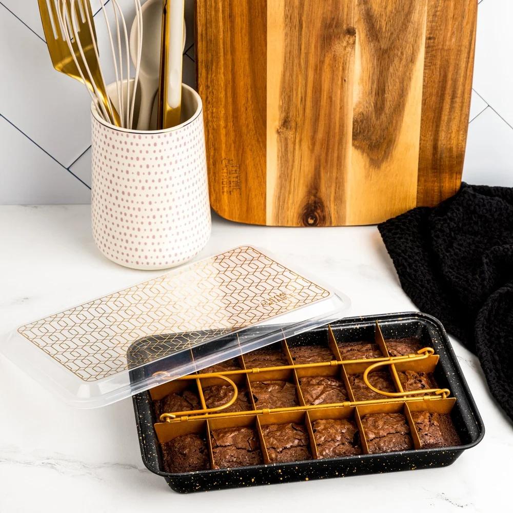 Nonstick Brownie Pan Set 3 Piece Baking Pan with Removable Divider Snap On Lid Perfect Portions Easy Baking and Storage