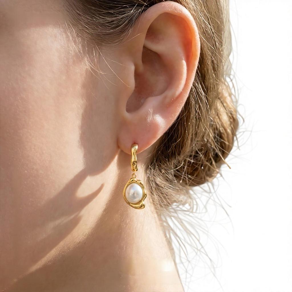 Stainless Steel Pearl Hoop Earrings 18K Thick Gold Electroplating Trendy Elegant Exquisite All-Match