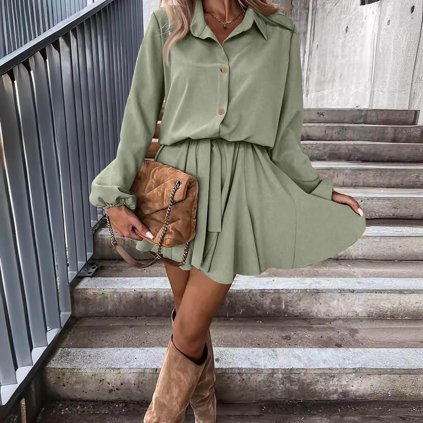 

Женская мода Тонкие однотонные платья с воротником-рубашкой на пуговицах и длинными рукавами XL зелёный