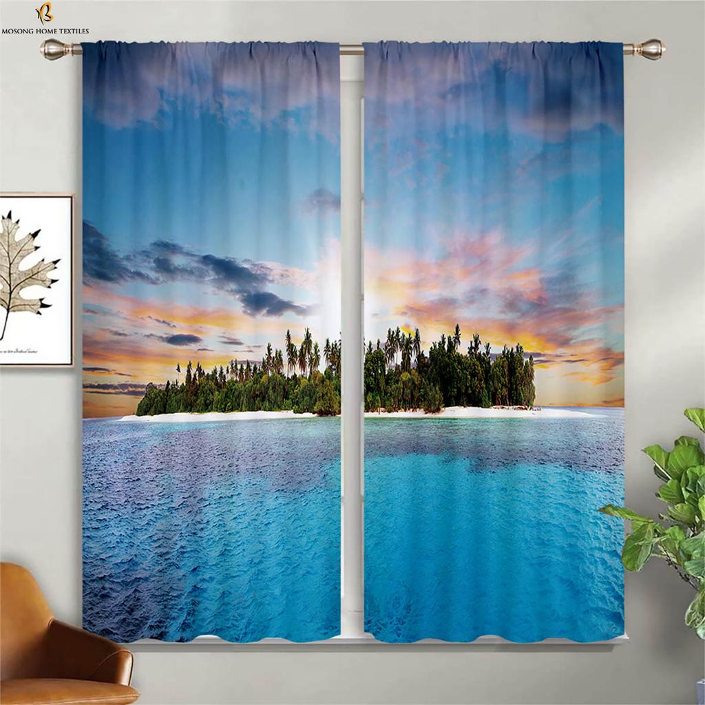 Seaside Scenery Decorative Curtains Beach Coconut Trees Blue Sky Sunset Sea View Room Living Balcony Printed Made Of Polyester Window Treatment