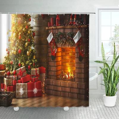 Retro Fireplace Christmas Shower Curtains Decor 3D Green Xmas Tree Gift Holiday Home Fabric Bath Curtain With Hooks Bathroo