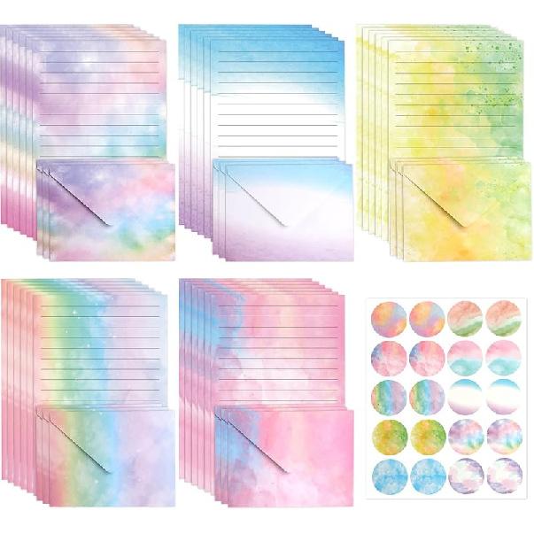 45 Stationary Letter and Envelopes: 30 Watercolor Stationery Paper&15 Envelopes, Lined Stationery Paper and Envelopes Set,Stationary Paper and