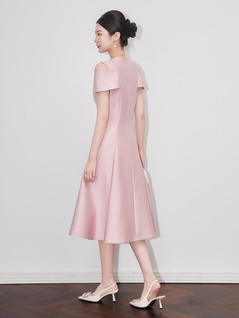 Elegant French V-Neck Off-Shoulder Summer Evening Dress - Light Luxury Studded Waist-Hugging Design