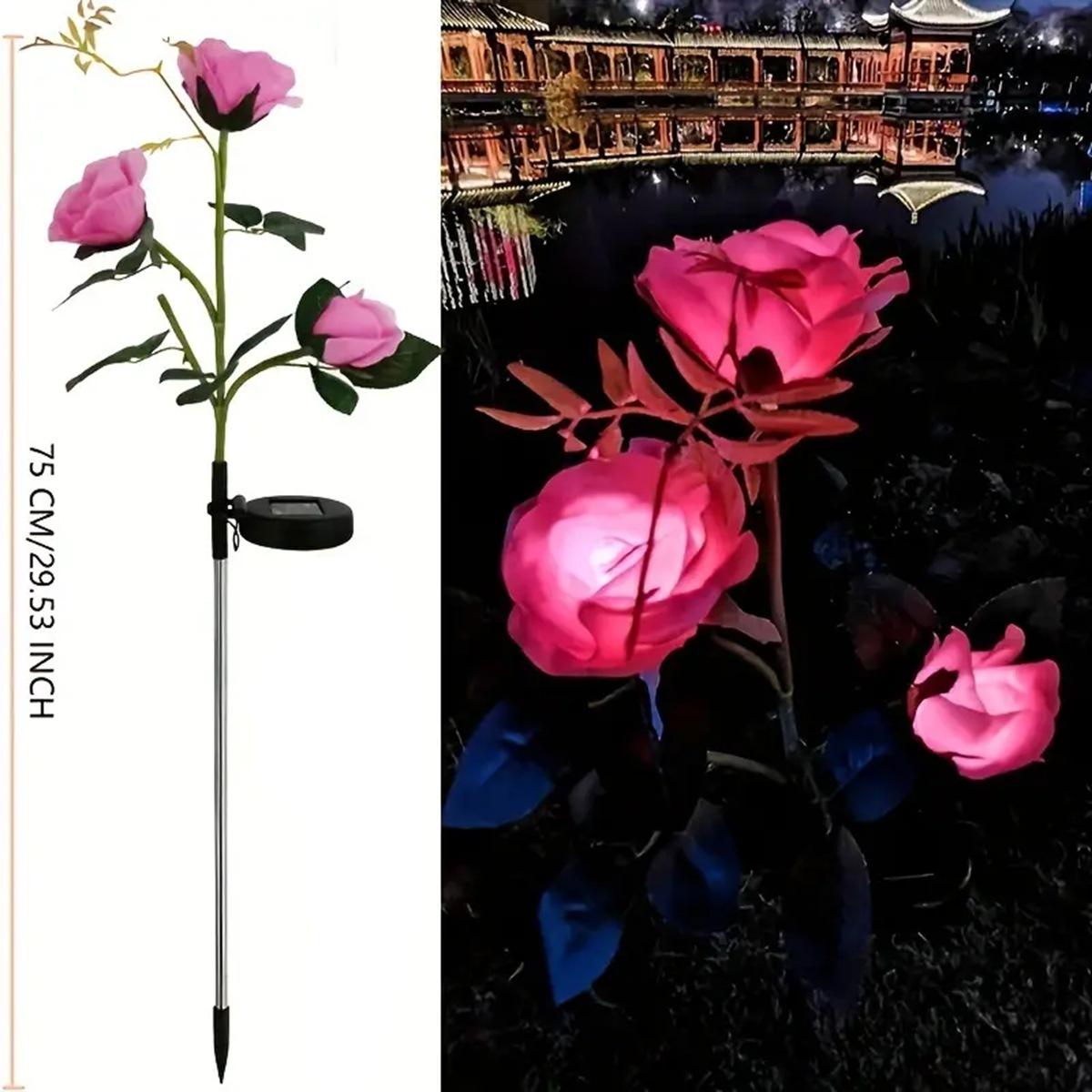 

1pcs Outdoor Waterproof Solar Rose Lights with 3 Realistic Lighted Flower Heads Garden Decorative Lamp for Home Patio Decoration розовый