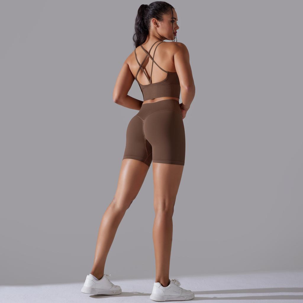 European and American seamless knitted solid color beautiful back high elastic tight yoga suit set running fitness suit two-piece set women