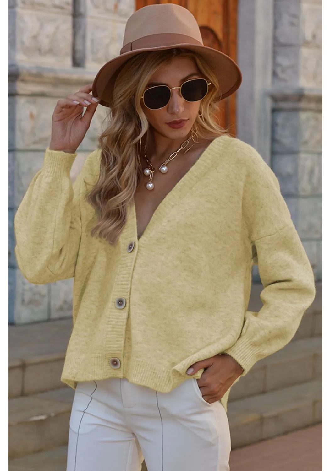 

New V-neck Casual Knit Cardigan - Solid Color Women s Autumn/Winter Top One Size