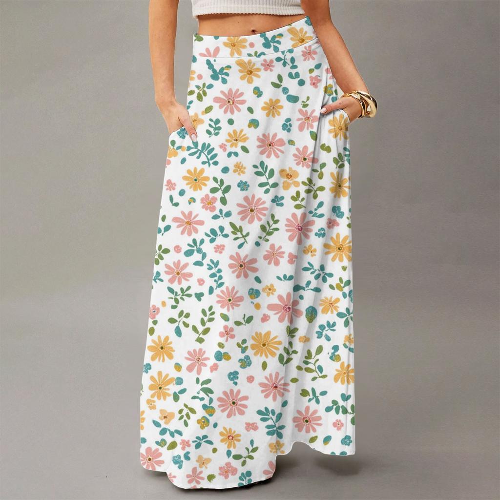 Women's Casual Leisure Foldable Floral Print High Waist With Pocket Draped Relaxed Long Maxi Skirt